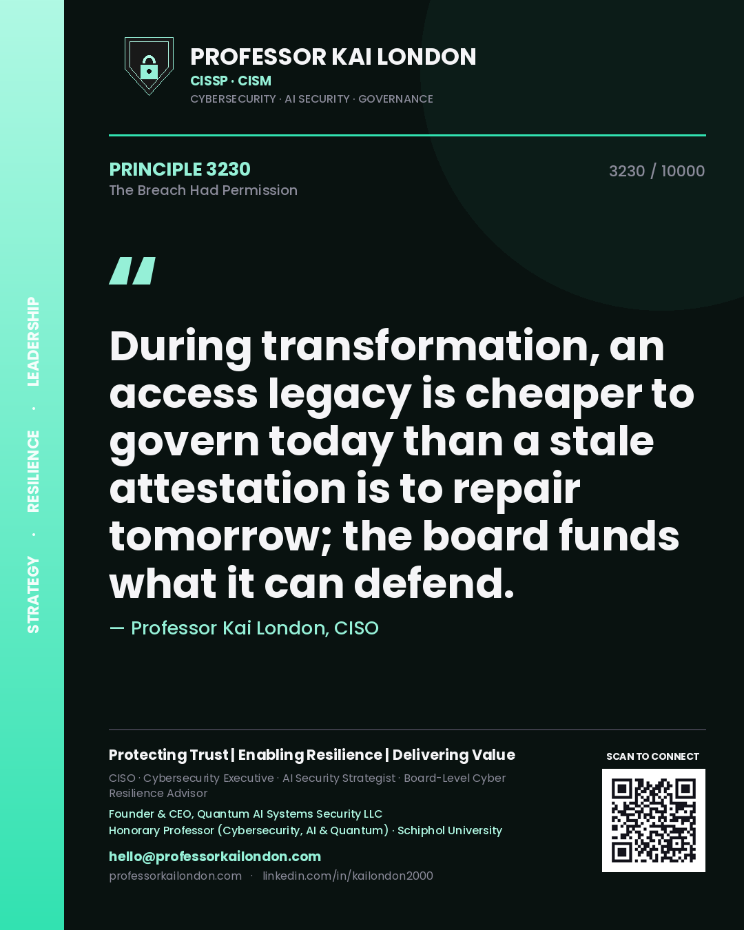 Professor Kai London principle 3230: During transformation, an access legacy is cheaper to govern today than a stale attestation is to repair tomorrow; the board funds what it can defend.