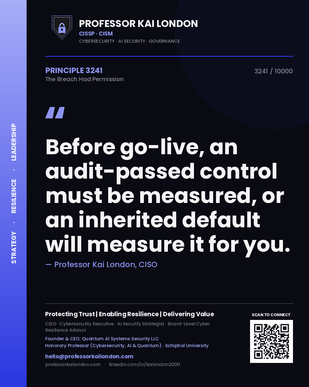 Professor Kai London principle 3241: Before go-live, an audit-passed control must be measured, or an inherited default will measure it for you.