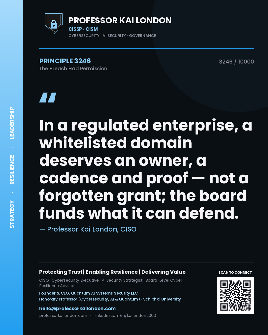 Professor Kai London principle 3246: In a regulated enterprise, a whitelisted domain deserves an owner, a cadence and proof — not a forgotten grant; the board funds what it can defend.