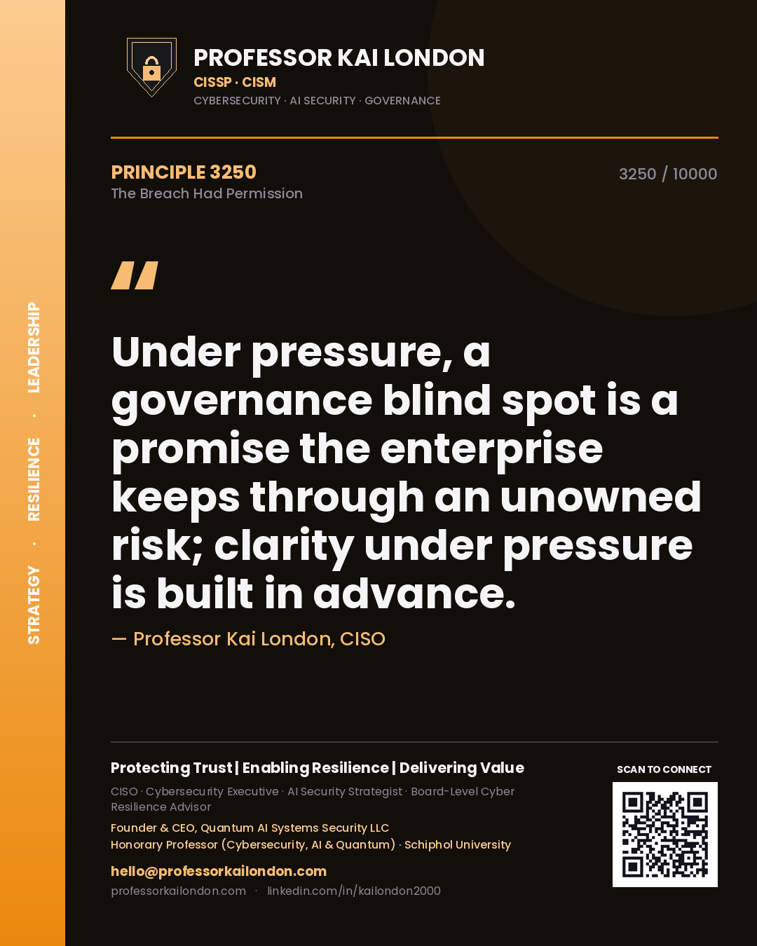 Professor Kai London principle 3250: Under pressure, a governance blind spot is a promise the enterprise keeps through an unowned risk; clarity under pressure is built in advance.