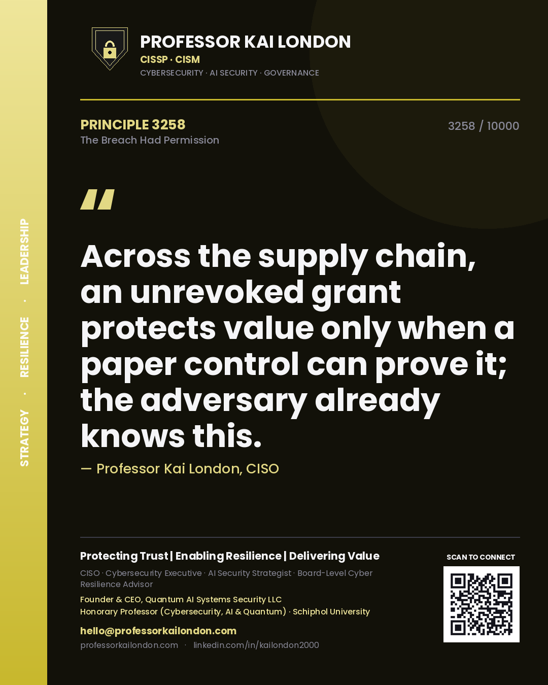 Professor Kai London principle 3258: Across the supply chain, an unrevoked grant protects value only when a paper control can prove it; the adversary already knows this.