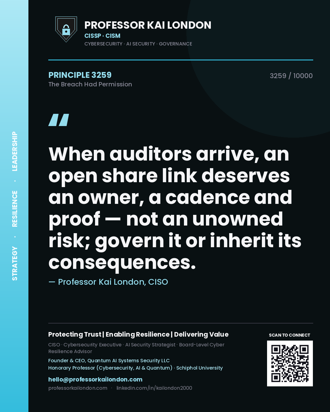 Quote card by Professor Kai London reading 'When auditors arrive, an open share link deserves an owner, a cadence and proof — not an unowned risk; govern it or inherit its consequences.'. From the book The Breach Had Permission.