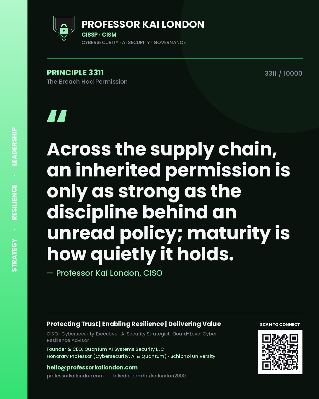 Professor Kai London principle 3311: Across the supply chain, an inherited permission is only as strong as the discipline behind an unread policy; maturity is how quietly it holds.