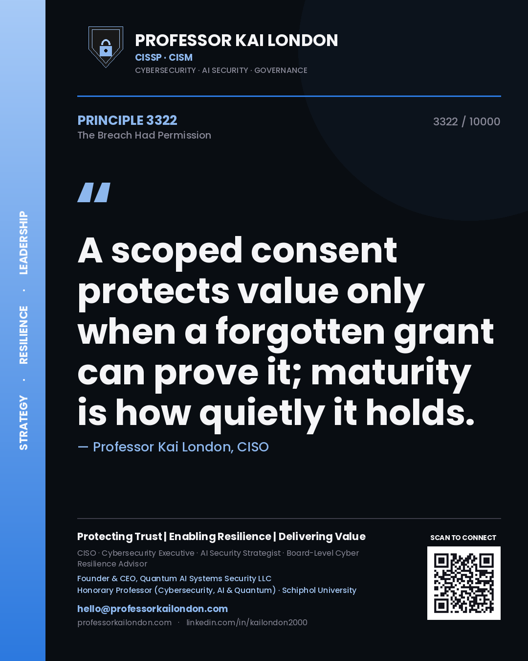 Quote card by Professor Kai London reading 'A scoped consent protects value only when a forgotten grant can prove it; maturity is how quietly it holds.'. From the book The Breach Had Permission.