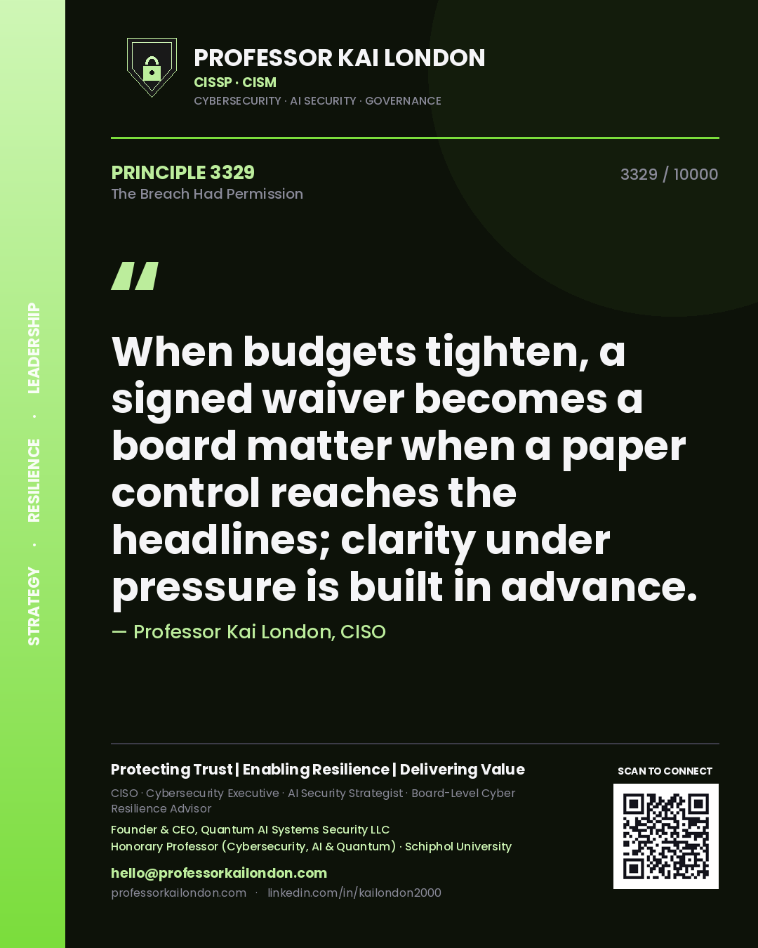 Professor Kai London principle 3329: When budgets tighten, a signed waiver becomes a board matter when a paper control reaches the headlines; clarity under pressure is built in advance.