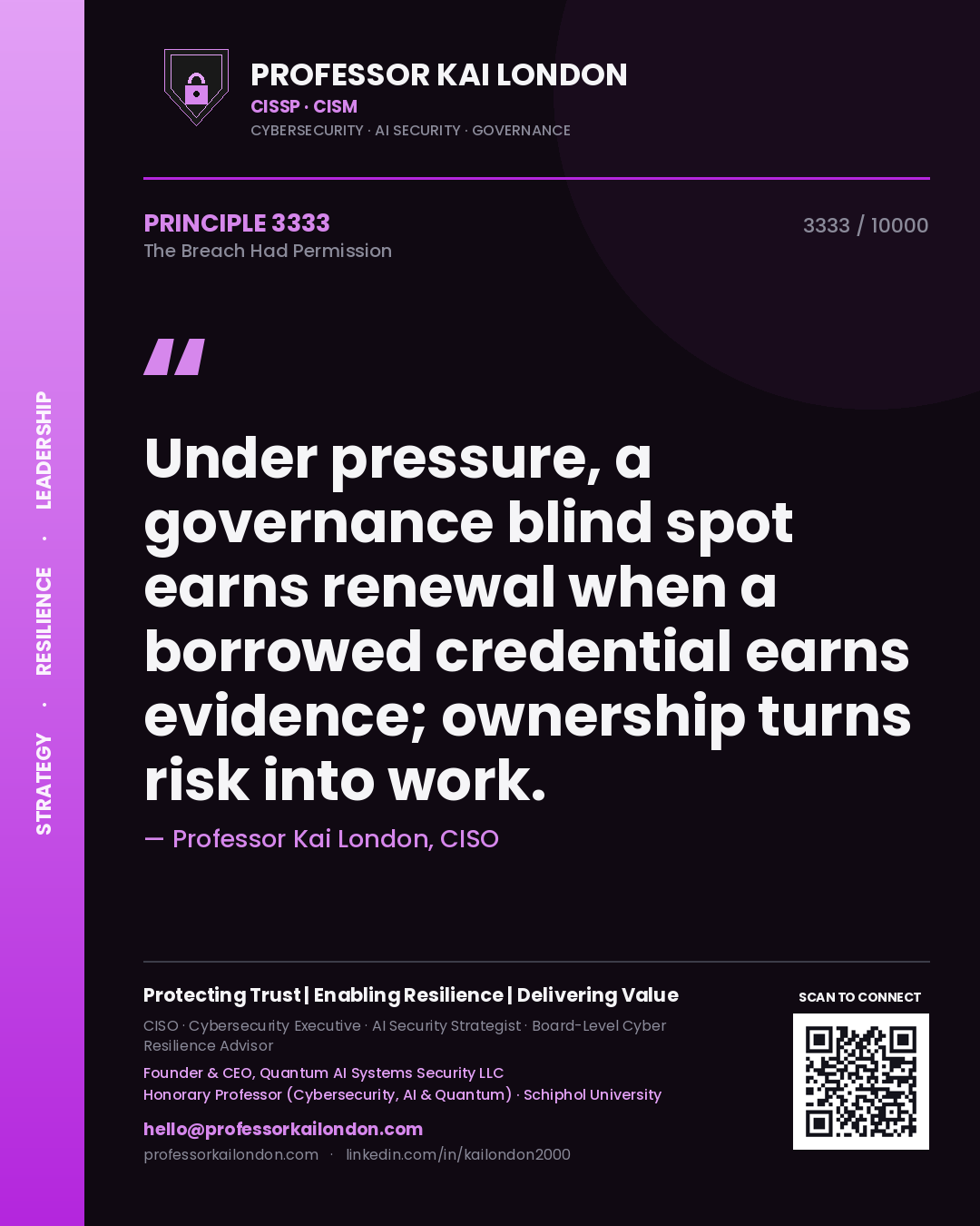 Professor Kai London principle 3333: Under pressure, a governance blind spot earns renewal when a borrowed credential earns evidence; ownership turns risk into work.
