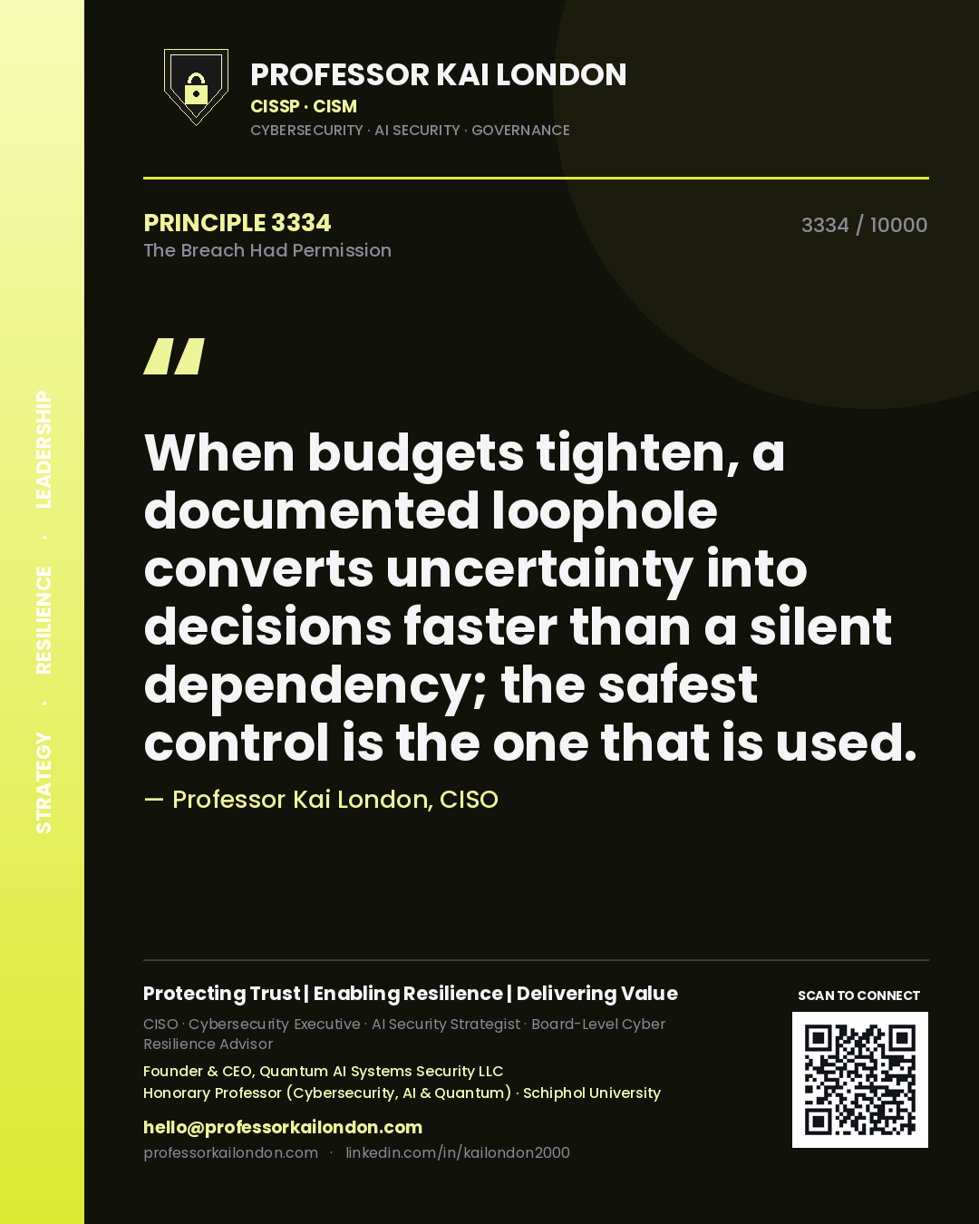 Professor Kai London principle 3334: When budgets tighten, a documented loophole converts uncertainty into decisions faster than a silent dependency; the safest control is the one that is used.