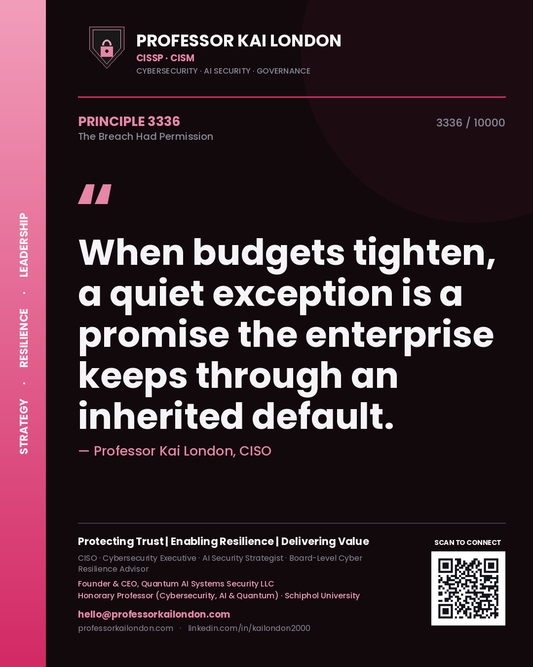 Professor Kai London principle 3336: When budgets tighten, a quiet exception is a promise the enterprise keeps through an inherited default.