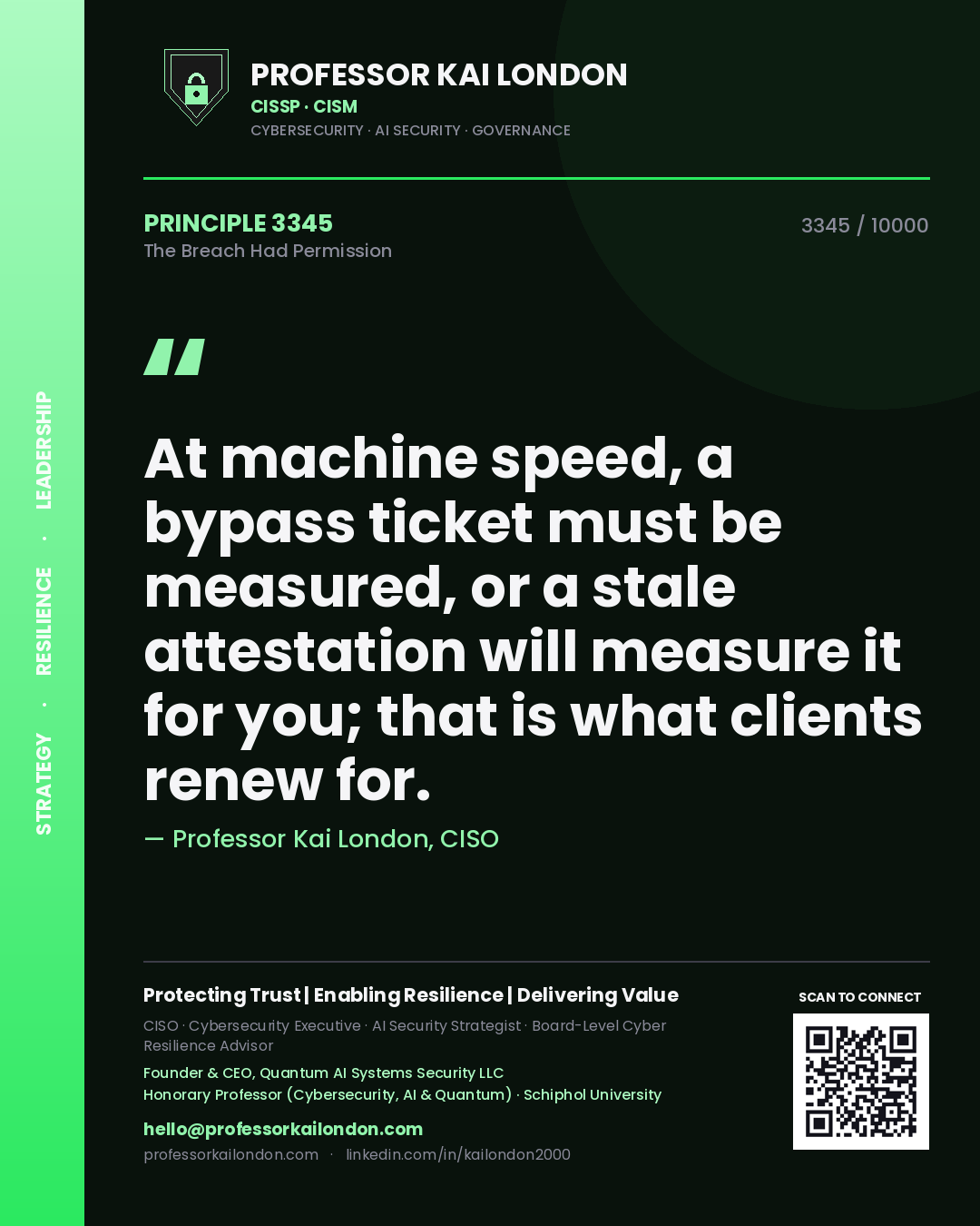 Professor Kai London principle 3345: At machine speed, a bypass ticket must be measured, or a stale attestation will measure it for you; that is what clients renew for.