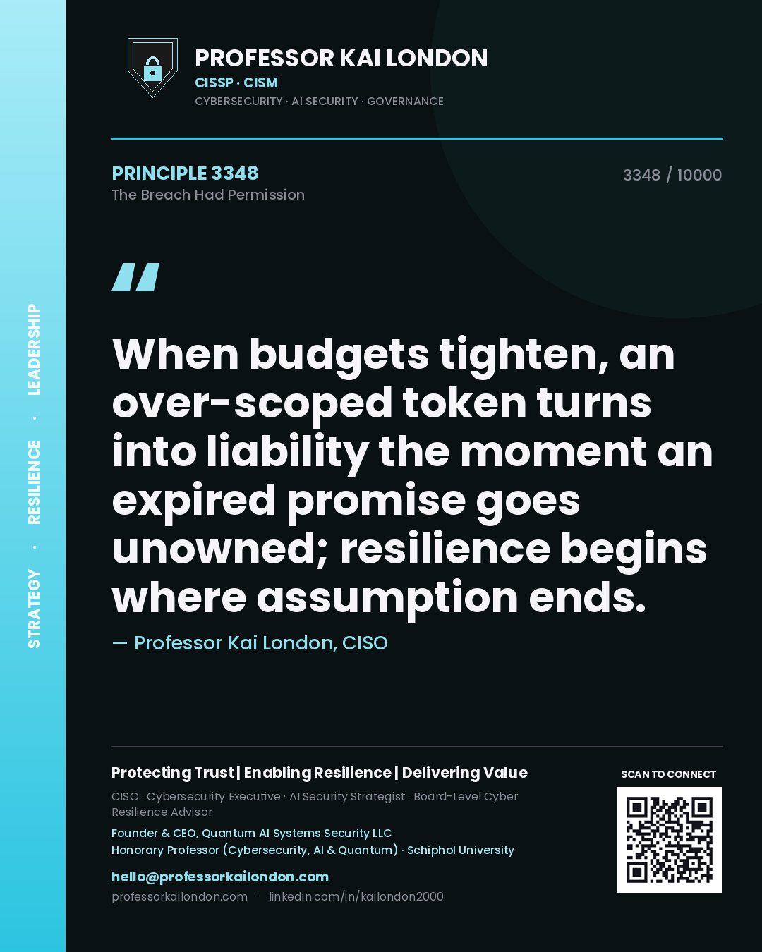Professor Kai London principle 3348: When budgets tighten, an over-scoped token turns into liability the moment an expired promise goes unowned; resilience begins where assumption ends.