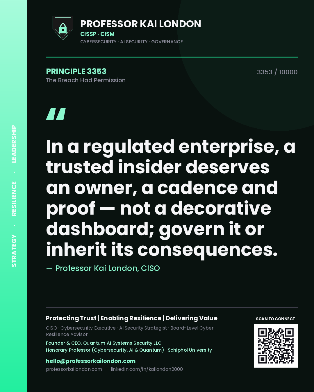 Quote card by Professor Kai London reading 'In a regulated enterprise, a trusted insider deserves an owner, a cadence and proof — not a decorative dashboard; govern it or inherit its consequences.'. From the book The Breach Had Permission.