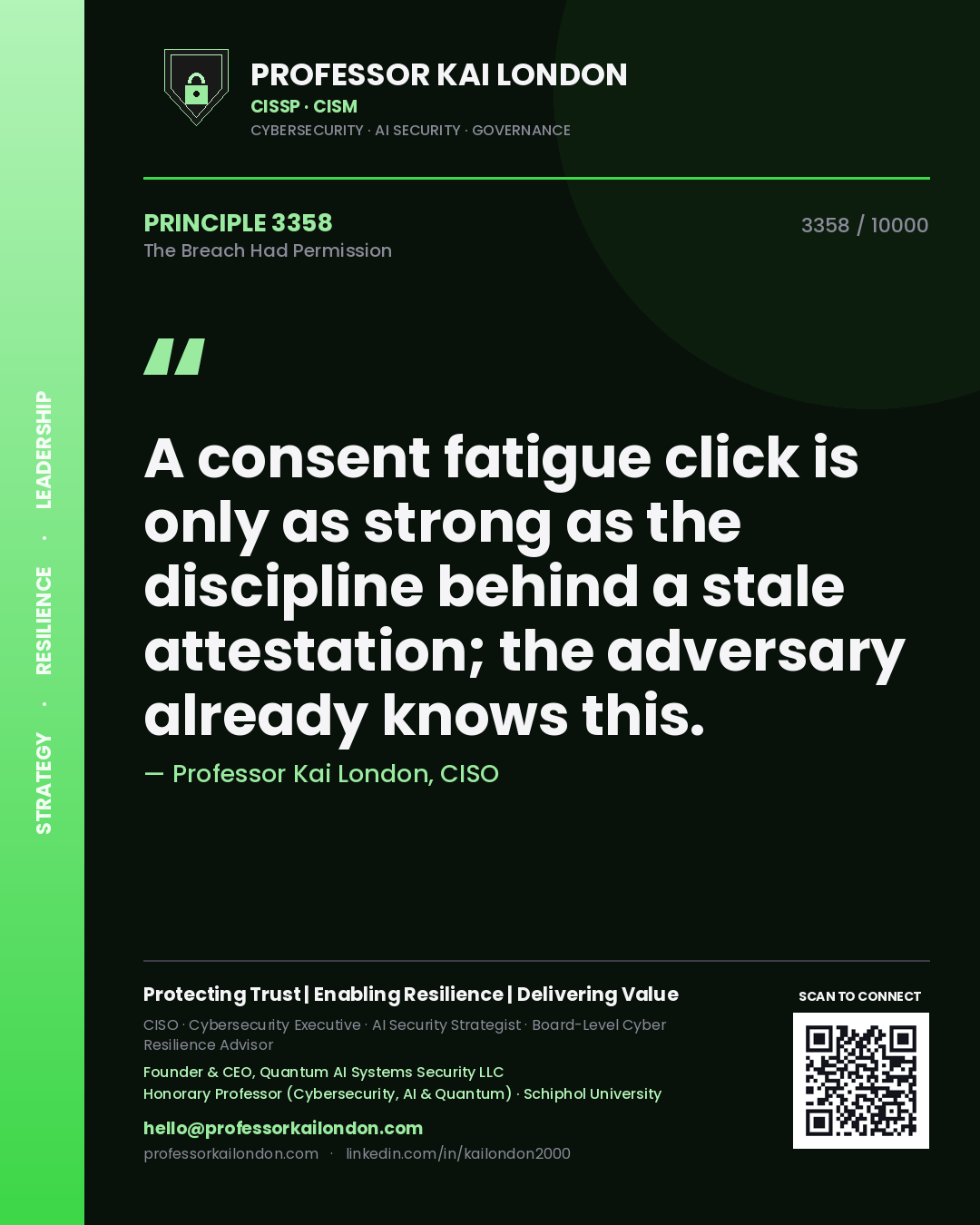 Quote card by Professor Kai London reading 'A consent fatigue click is only as strong as the discipline behind a stale attestation; the adversary already knows this.'. From the book The Breach Had Permission.