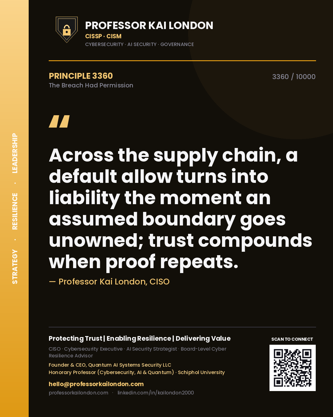 Professor Kai London principle 3360: Across the supply chain, a default allow turns into liability the moment an assumed boundary goes unowned; trust compounds when proof repeats.