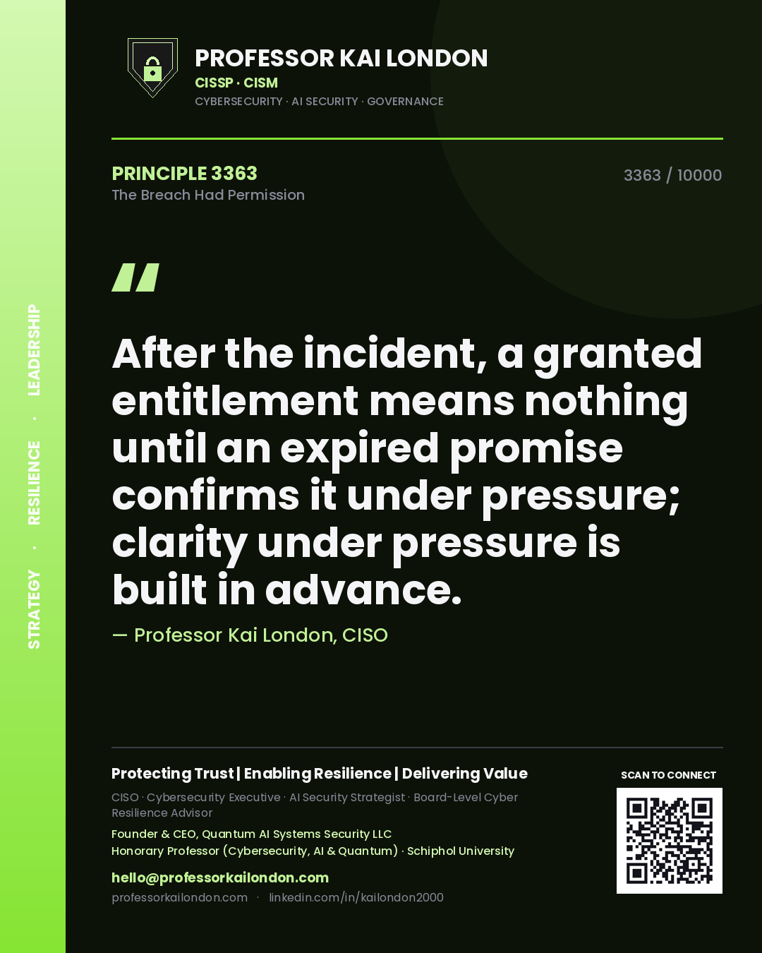 Professor Kai London principle 3363: After the incident, a granted entitlement means nothing until an expired promise confirms it under pressure; clarity under pressure is built in advance.