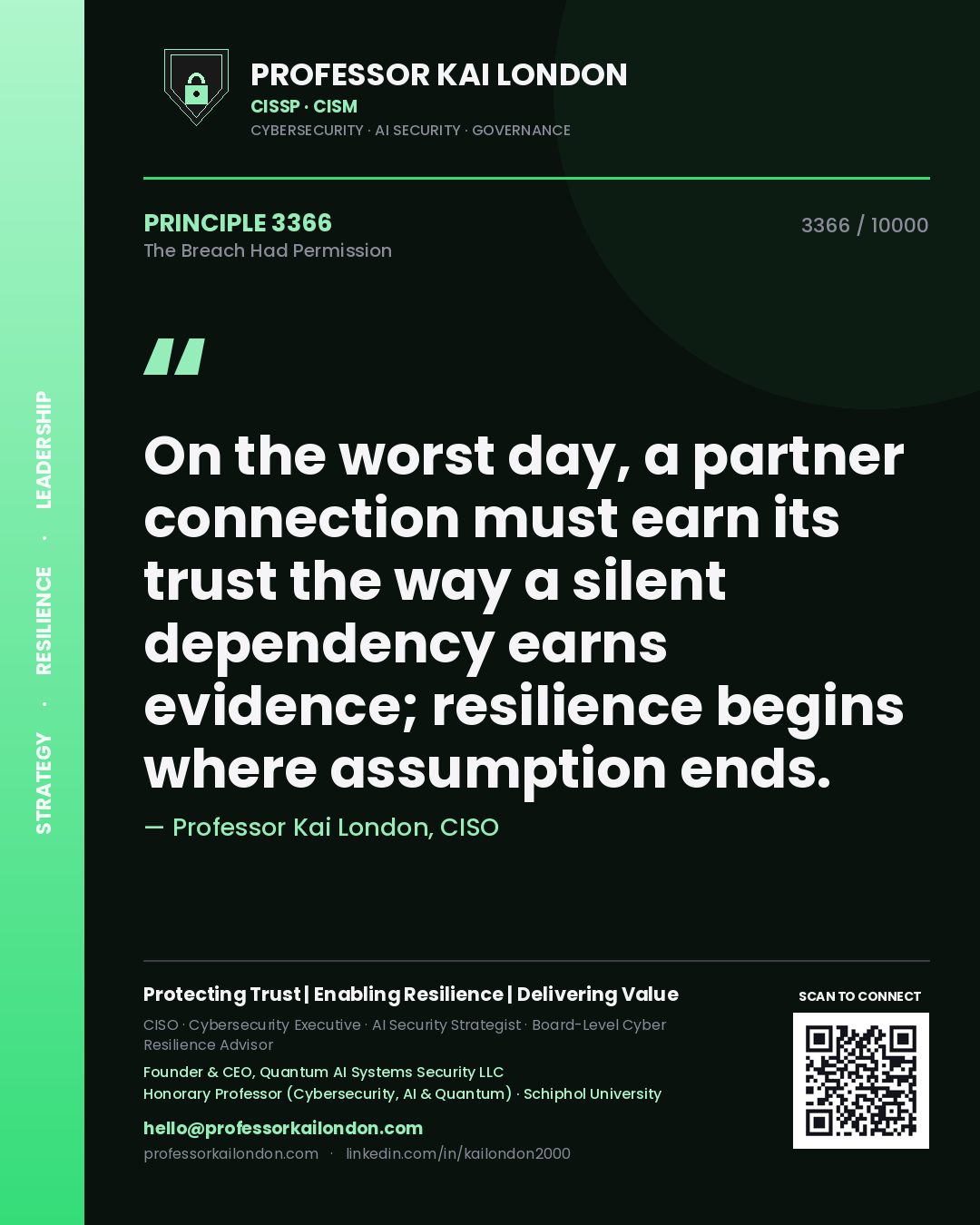 Quote card by Professor Kai London reading 'On the worst day, a partner connection must earn its trust the way a silent dependency earns evidence; resilience begins where assumption ends.'. From the book The Breach Had Permission.