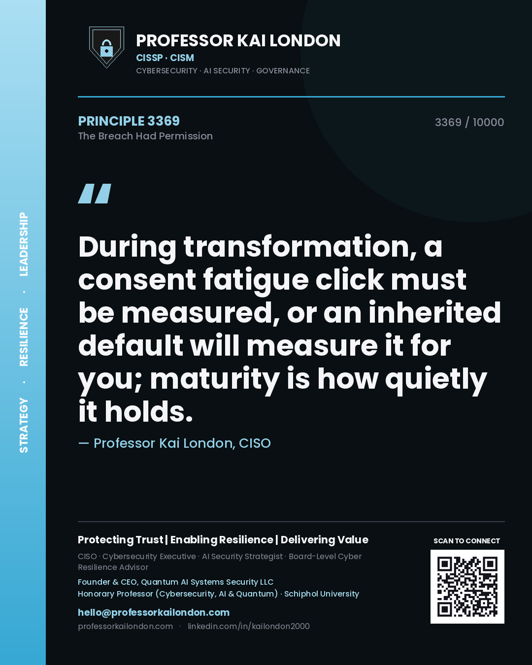 Professor Kai London principle 3369: During transformation, a consent fatigue click must be measured, or an inherited default will measure it for you; maturity is how quietly it holds.