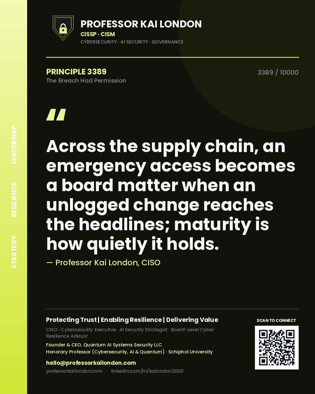 Professor Kai London principle 3389: Across the supply chain, an emergency access becomes a board matter when an unlogged change reaches the headlines; maturity is how quietly it holds.