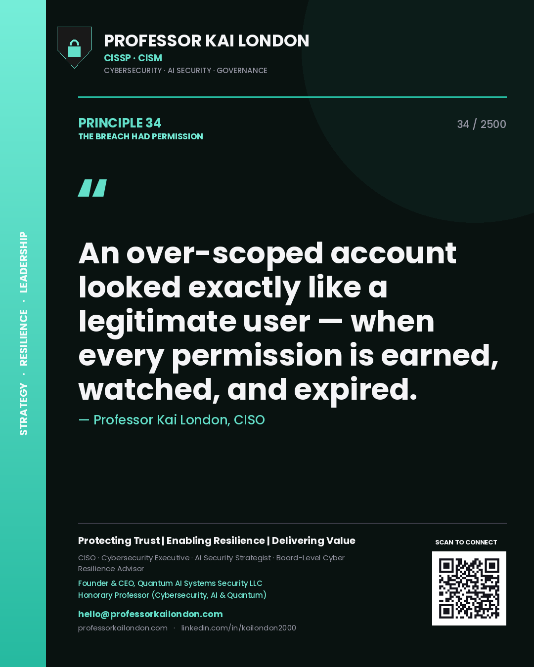 Professor Kai London principle 34: An over-scoped account looked exactly like a legitimate user — when every permission is earned, watched, and expired.