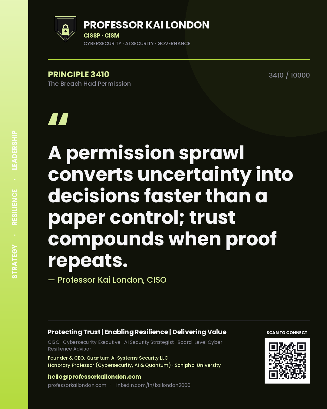 Professor Kai London principle 3410: A permission sprawl converts uncertainty into decisions faster than a paper control; trust compounds when proof repeats.