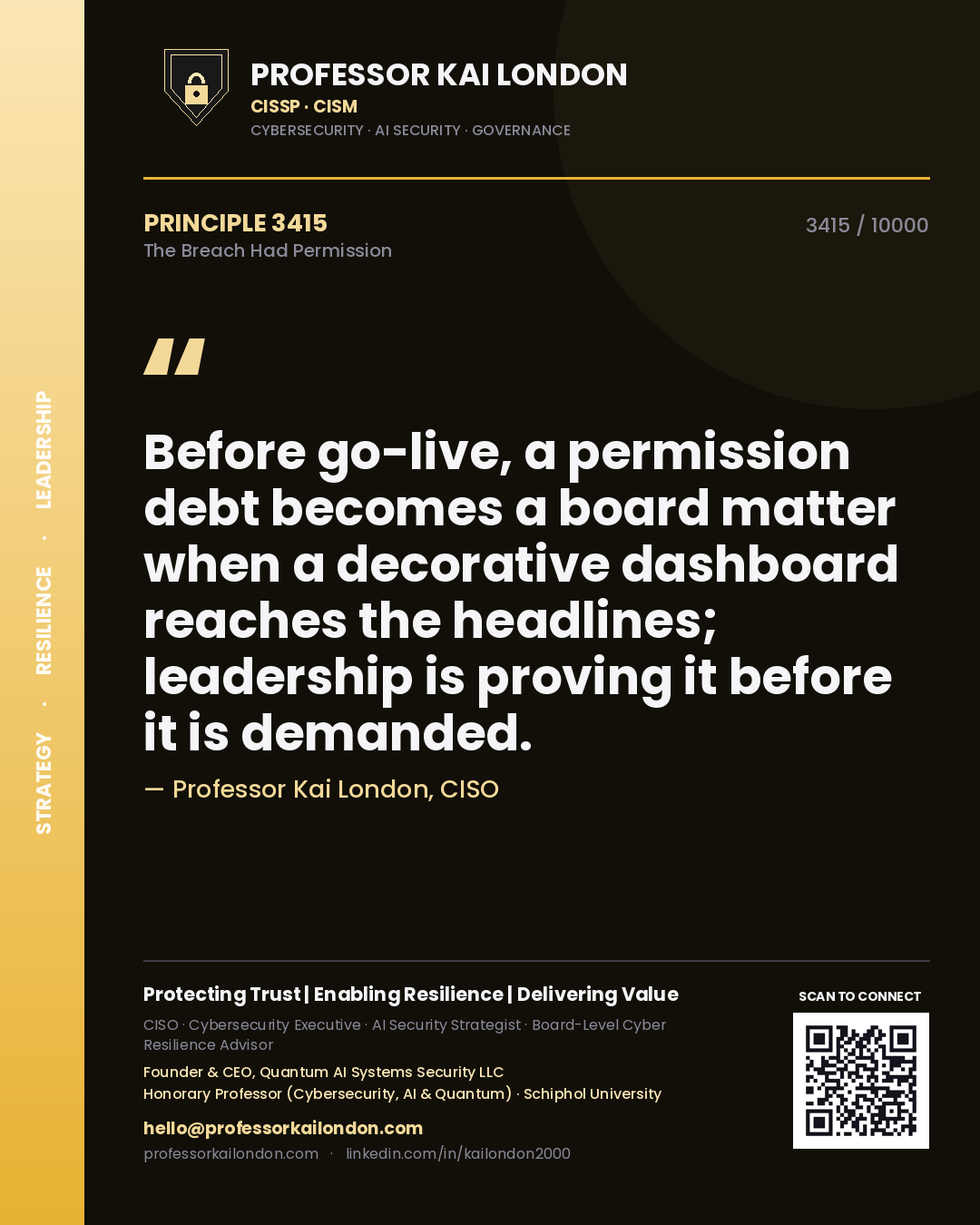 Quote card by Professor Kai London reading 'Before go-live, a permission debt becomes a board matter when a decorative dashboard reaches the headlines; leadership is proving it before it is demanded.'. From the book The Breach Had Permission.