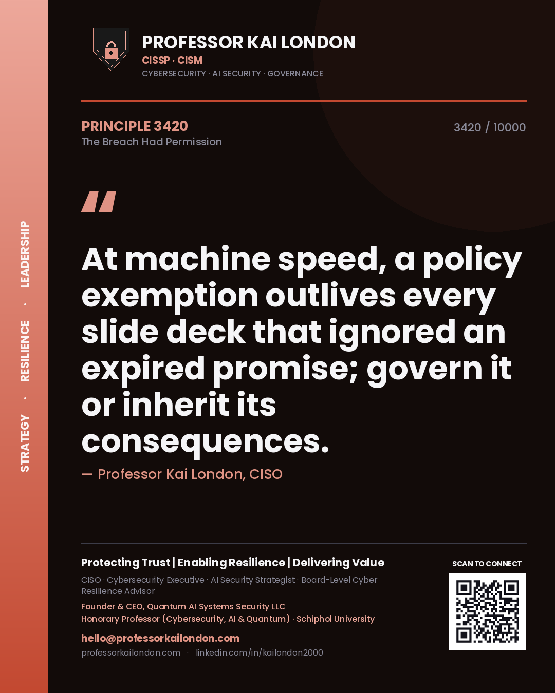 Professor Kai London principle 3420: At machine speed, a policy exemption outlives every slide deck that ignored an expired promise; govern it or inherit its consequences.