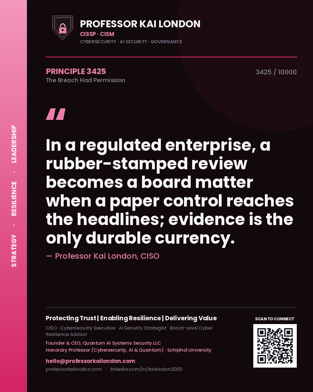 Quote card by Professor Kai London reading 'In a regulated enterprise, a rubber-stamped review becomes a board matter when a paper control reaches the headlines; evidence is the only durable currency.'. From the book The Breach Had Permission.