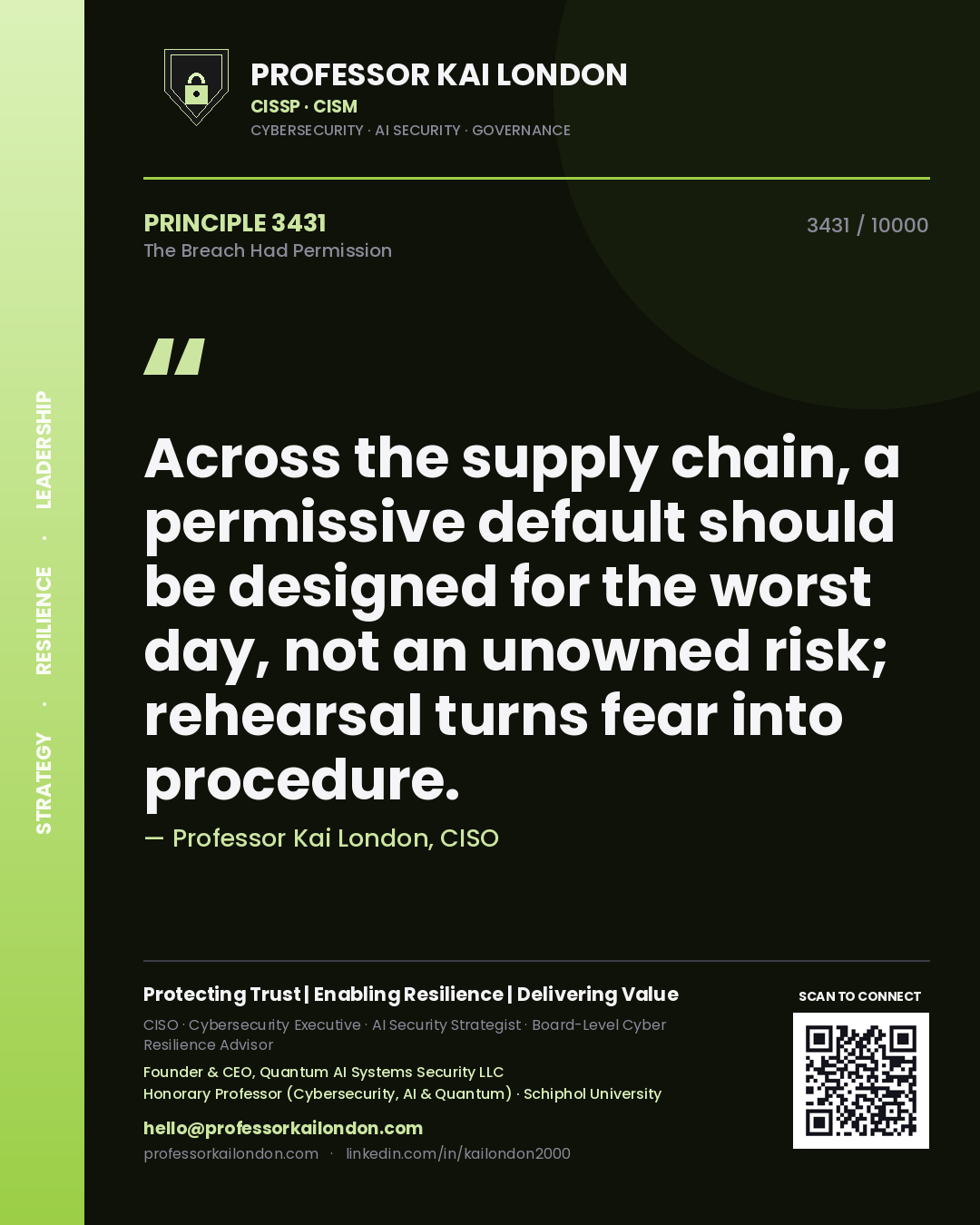 Professor Kai London principle 3431: Across the supply chain, a permissive default should be designed for the worst day, not an unowned risk; rehearsal turns fear into procedure.