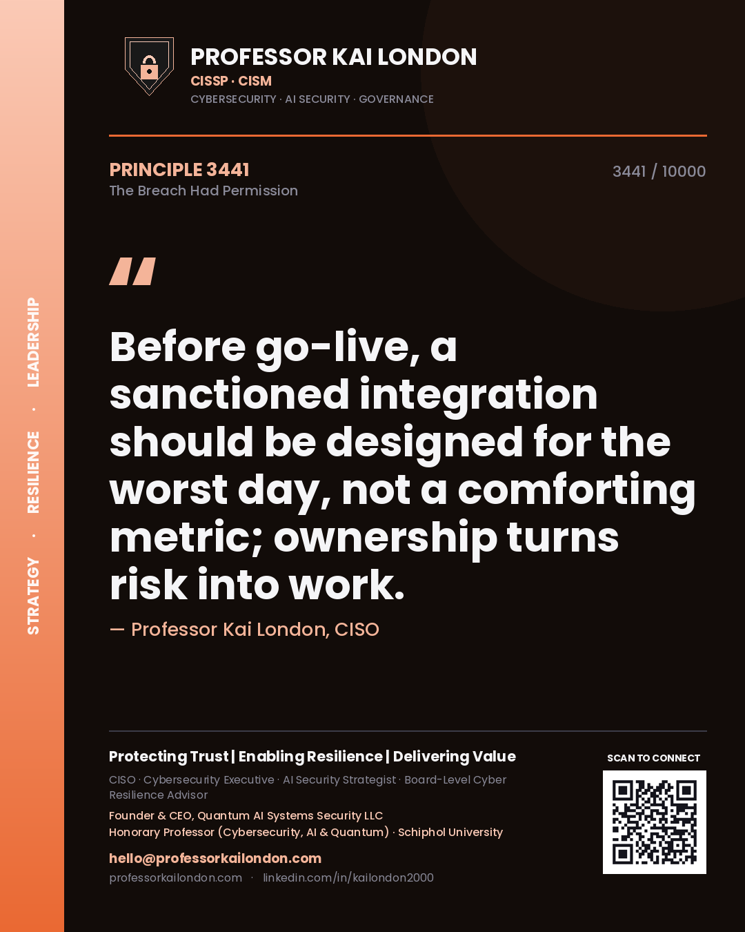Professor Kai London principle 3441: Before go-live, a sanctioned integration should be designed for the worst day, not a comforting metric; ownership turns risk into work.