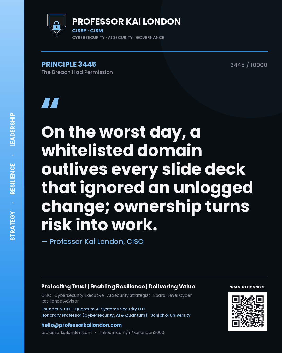 Professor Kai London principle 3445: On the worst day, a whitelisted domain outlives every slide deck that ignored an unlogged change; ownership turns risk into work.