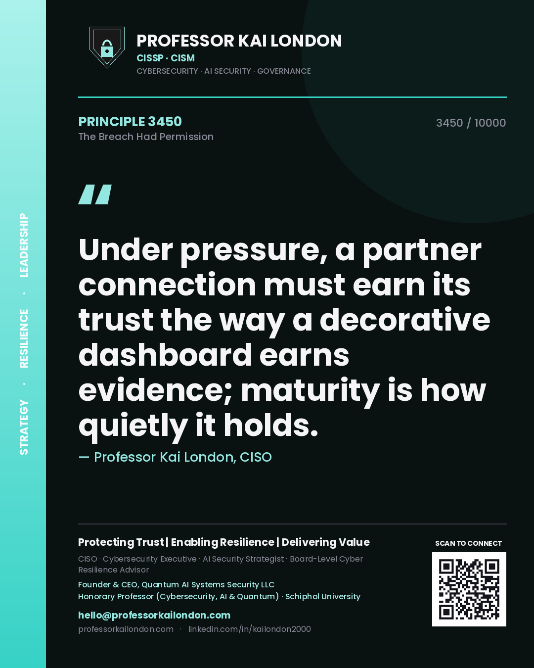 Professor Kai London principle 3450: Under pressure, a partner connection must earn its trust the way a decorative dashboard earns evidence; maturity is how quietly it holds.
