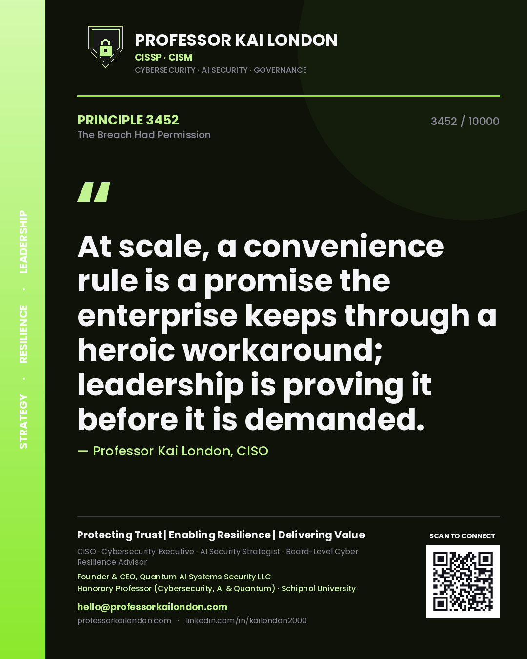 Quote card by Professor Kai London reading 'At scale, a convenience rule is a promise the enterprise keeps through a heroic workaround; leadership is proving it before it is demanded.'. From the book The Breach Had Permission.