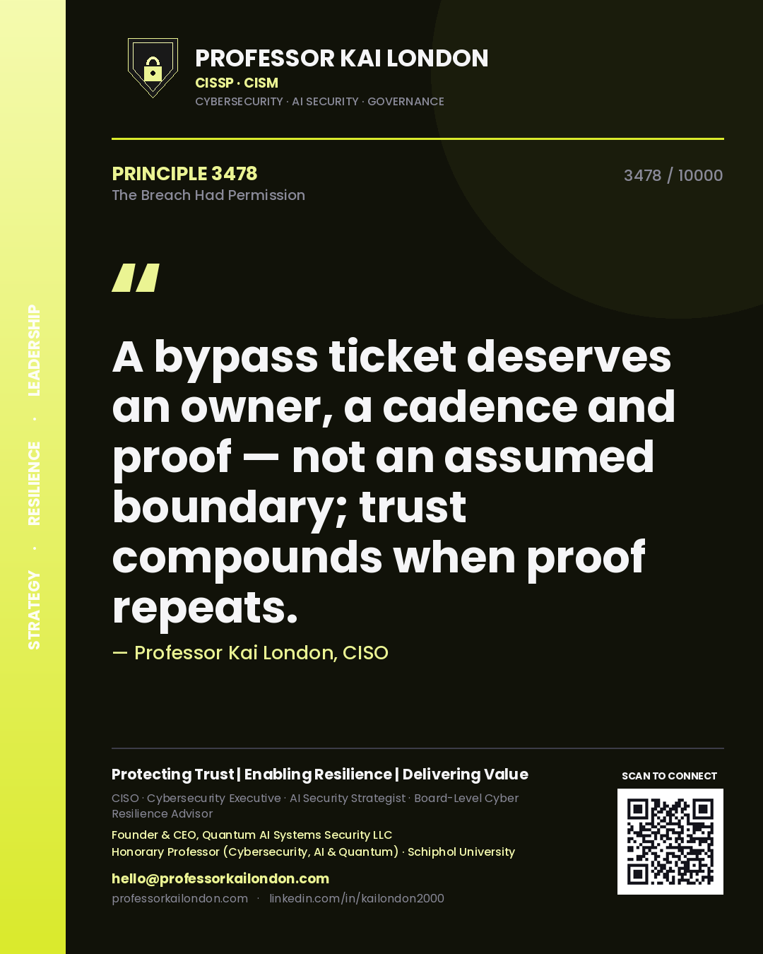 Quote card by Professor Kai London reading 'A bypass ticket deserves an owner, a cadence and proof — not an assumed boundary; trust compounds when proof repeats.'. From the book The Breach Had Permission.