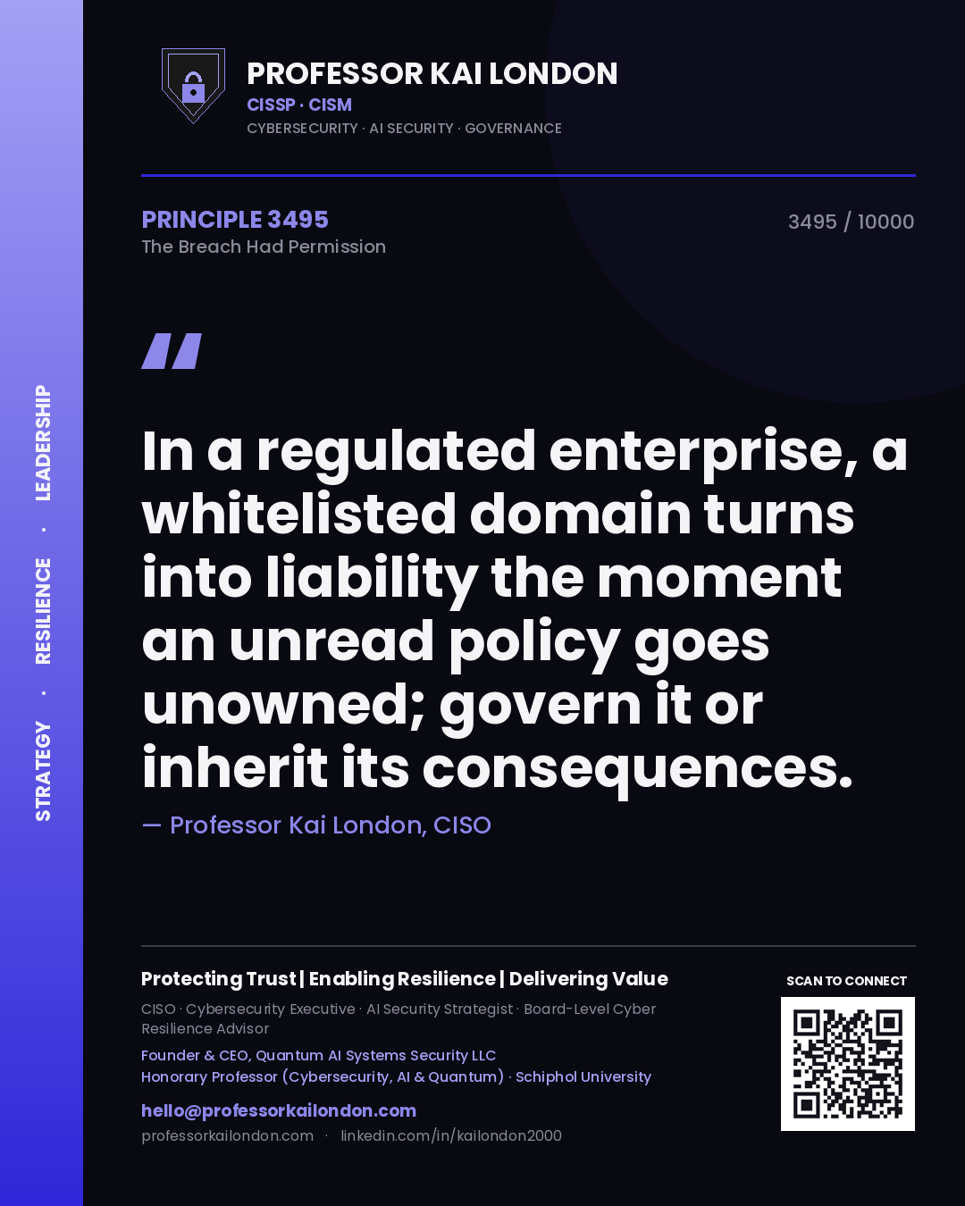 Professor Kai London principle 3495: In a regulated enterprise, a whitelisted domain turns into liability the moment an unread policy goes unowned; govern it or inherit its consequences.