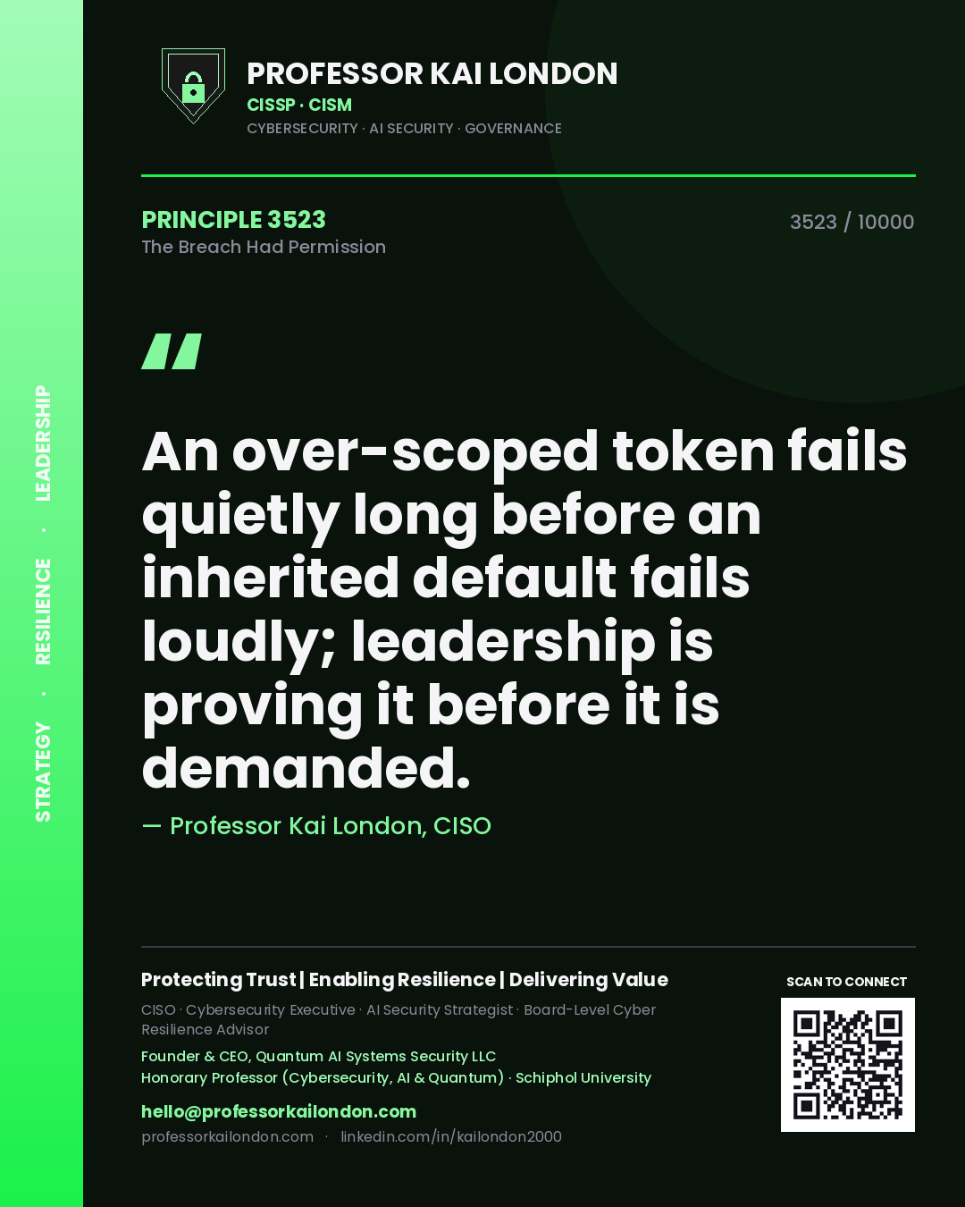 Quote card by Professor Kai London reading 'An over-scoped token fails quietly long before an inherited default fails loudly; leadership is proving it before it is demanded.'. From the book The Breach Had Permission.
