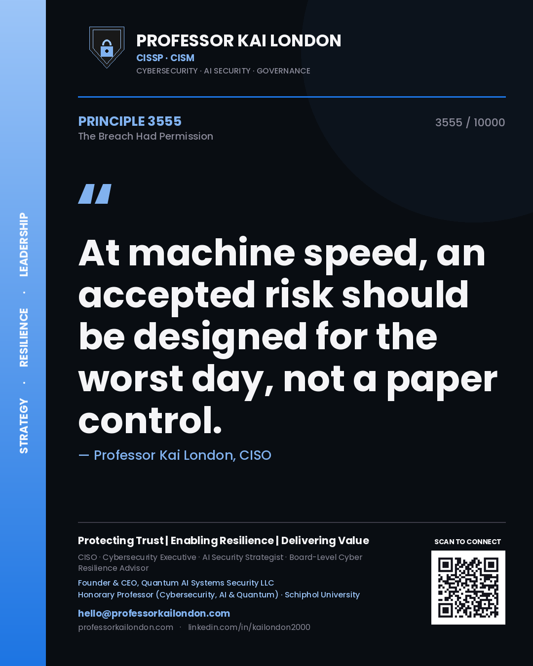 Professor Kai London principle 3555: At machine speed, an accepted risk should be designed for the worst day, not a paper control.