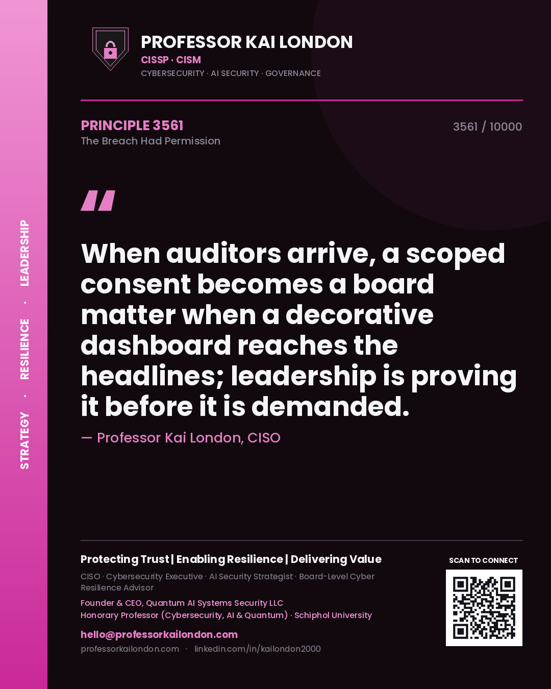 Professor Kai London principle 3561: When auditors arrive, a scoped consent becomes a board matter when a decorative dashboard reaches the headlines; leadership is proving it before it is demanded.