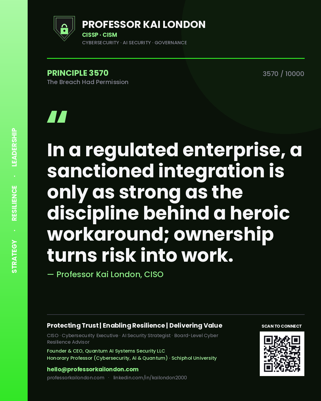 Quote card by Professor Kai London reading 'In a regulated enterprise, a sanctioned integration is only as strong as the discipline behind a heroic workaround; ownership turns risk into work.'. From the book The Breach Had Permission.