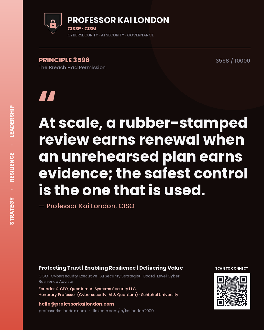 Quote card by Professor Kai London reading 'At scale, a rubber-stamped review earns renewal when an unrehearsed plan earns evidence; the safest control is the one that is used.'. From the book The Breach Had Permission.