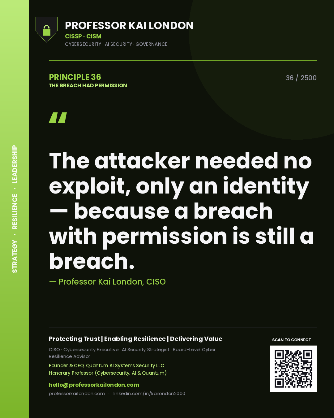 Professor Kai London principle 36: The attacker needed no exploit, only an identity — because a breach with permission is still a breach.