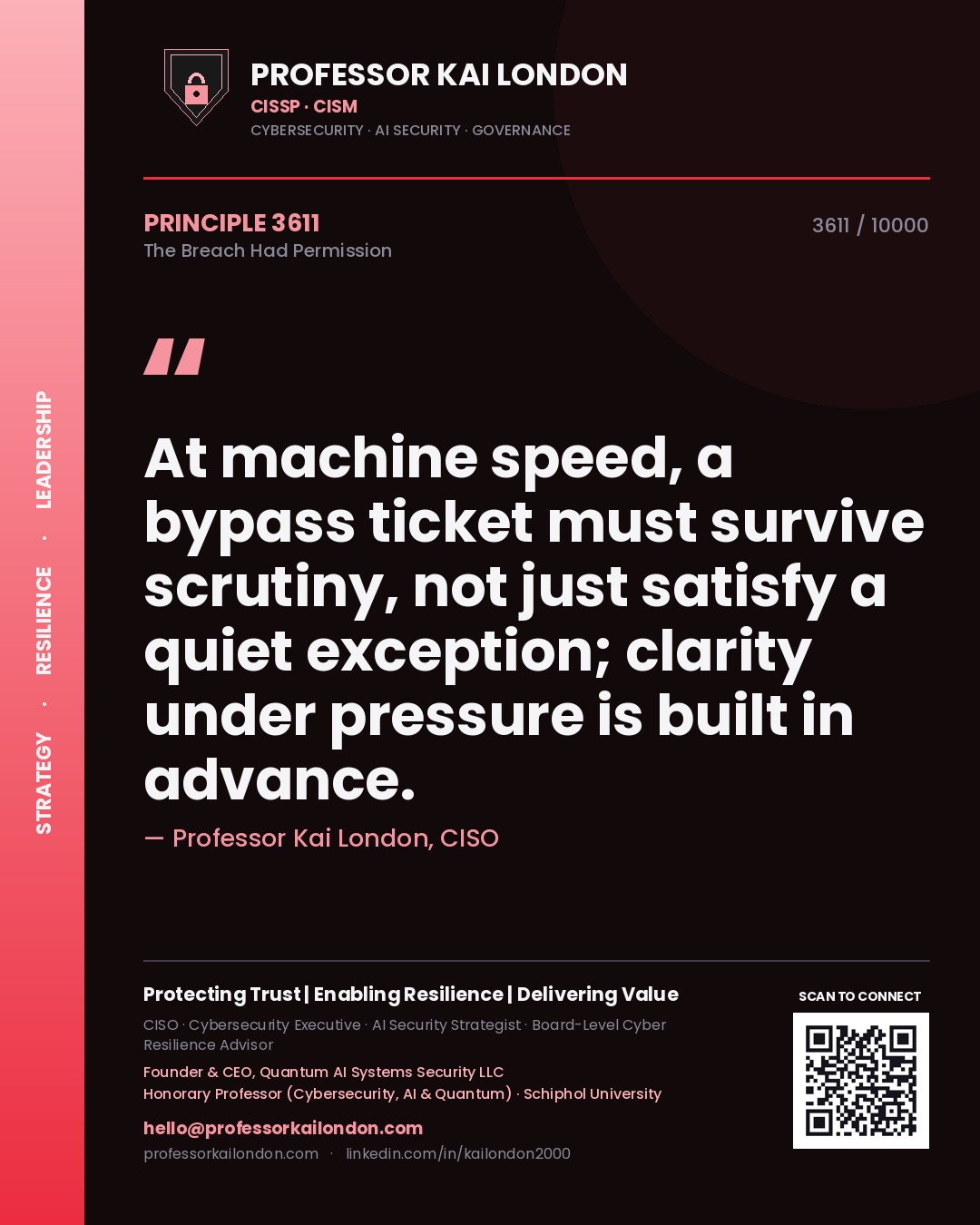 Professor Kai London principle 3611: At machine speed, a bypass ticket must survive scrutiny, not just satisfy a quiet exception; clarity under pressure is built in advance.