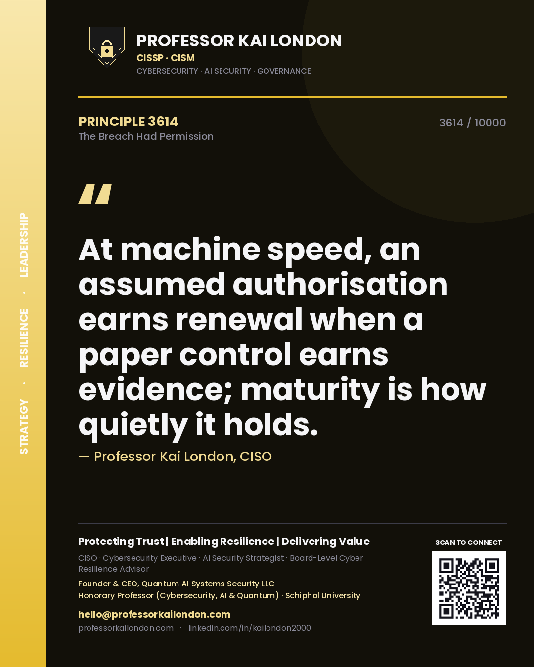 Professor Kai London principle 3614: At machine speed, an assumed authorisation earns renewal when a paper control earns evidence; maturity is how quietly it holds.