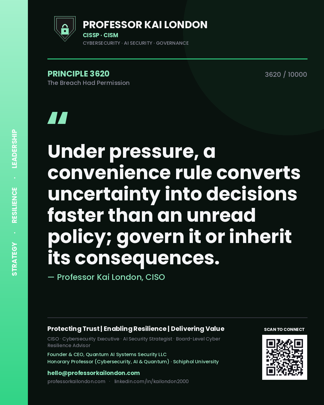 Professor Kai London principle 3620: Under pressure, a convenience rule converts uncertainty into decisions faster than an unread policy; govern it or inherit its consequences.