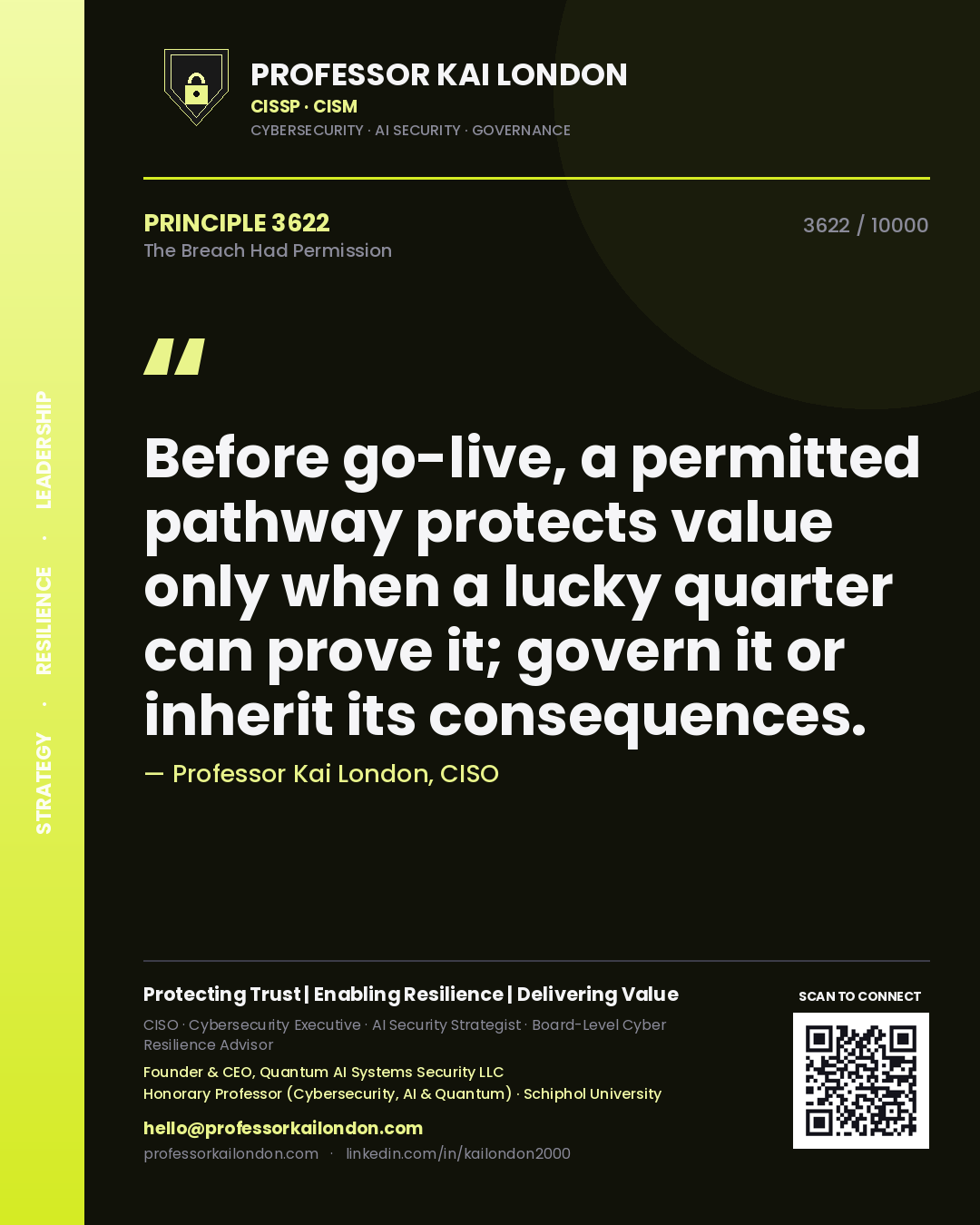 Professor Kai London principle 3622: Before go-live, a permitted pathway protects value only when a lucky quarter can prove it; govern it or inherit its consequences.