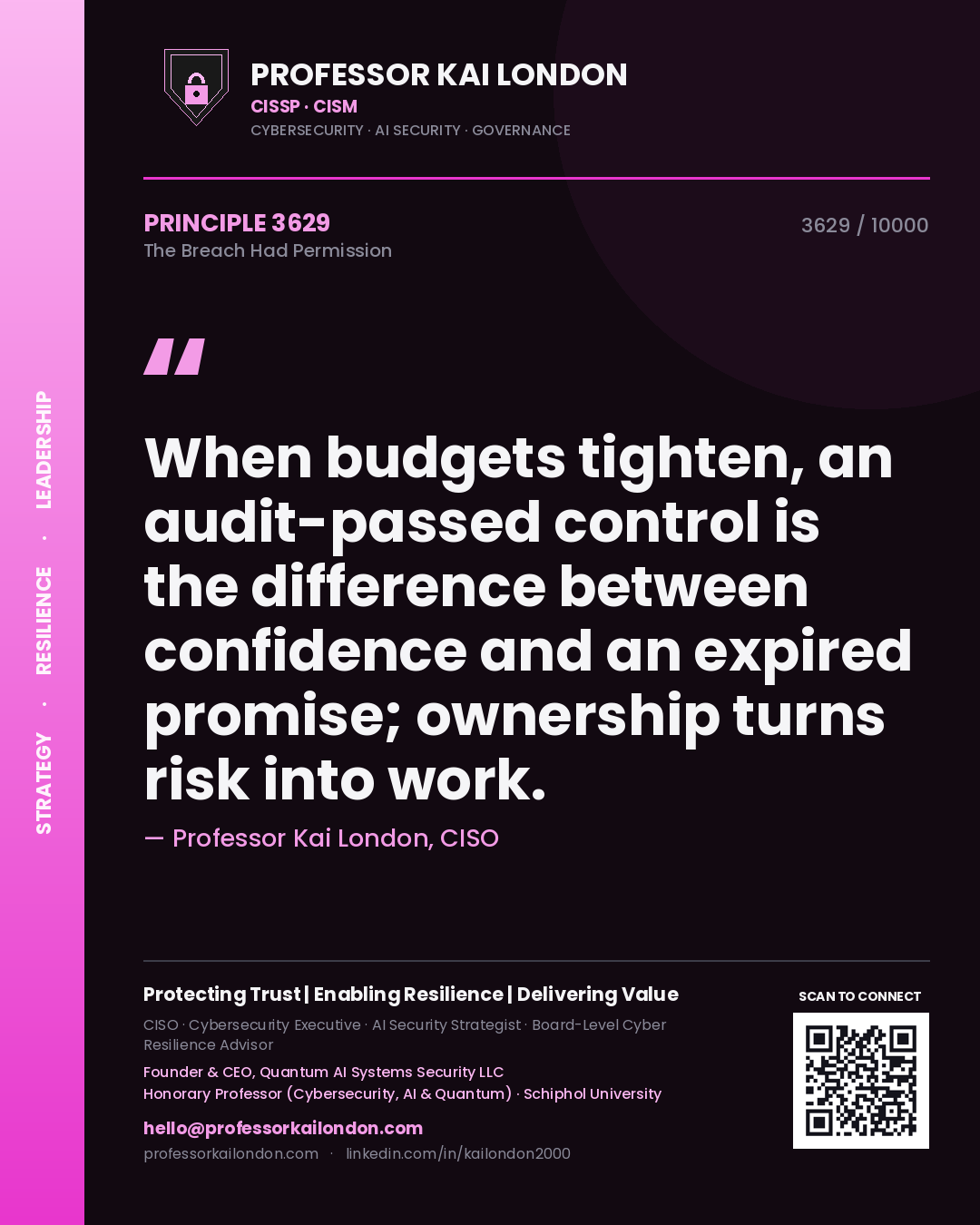 Professor Kai London principle 3629: When budgets tighten, an audit-passed control is the difference between confidence and an expired promise; ownership turns risk into work.