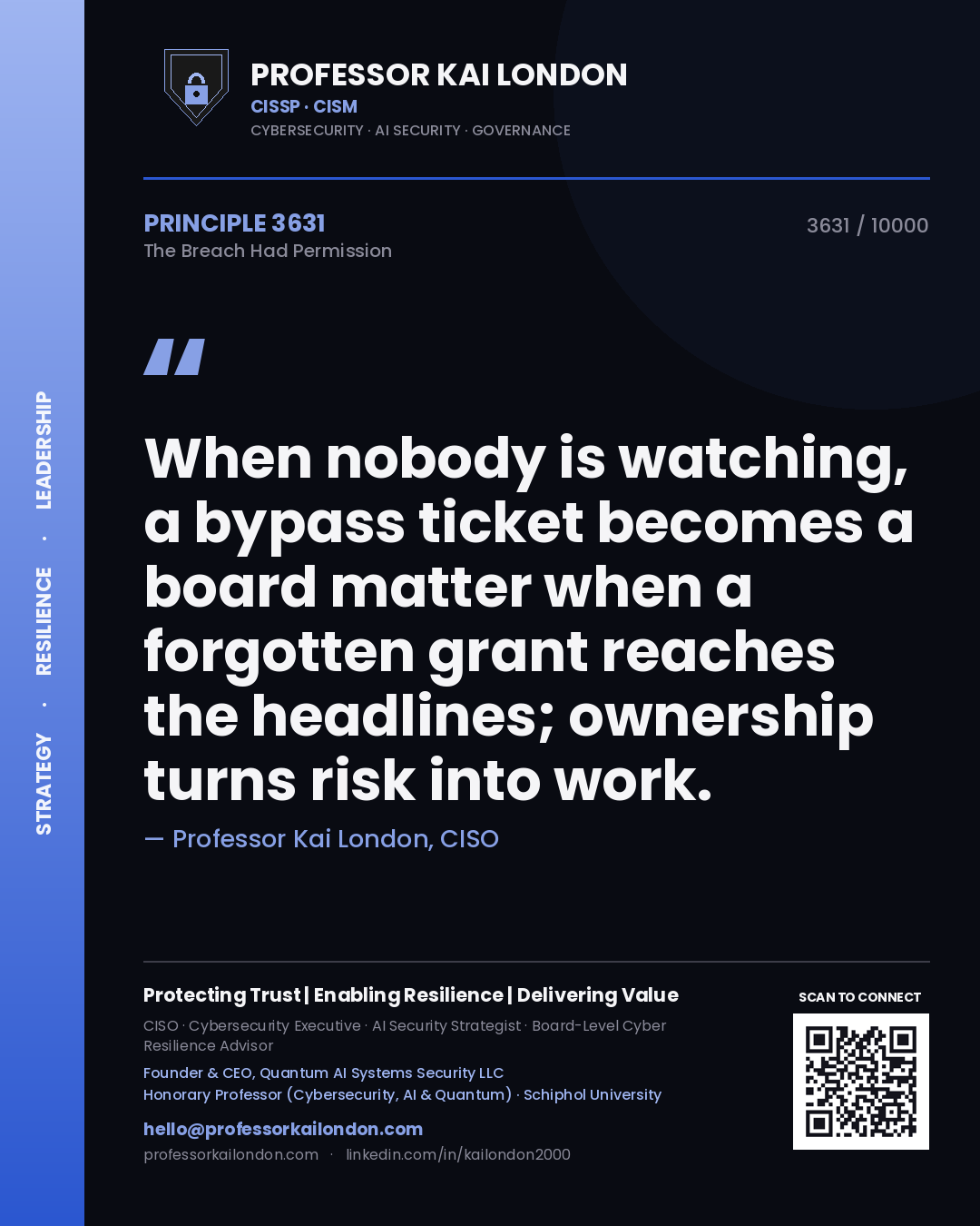 Professor Kai London principle 3631: When nobody is watching, a bypass ticket becomes a board matter when a forgotten grant reaches the headlines; ownership turns risk into work.