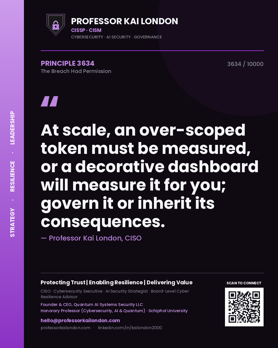 Professor Kai London principle 3634: At scale, an over-scoped token must be measured, or a decorative dashboard will measure it for you; govern it or inherit its consequences.