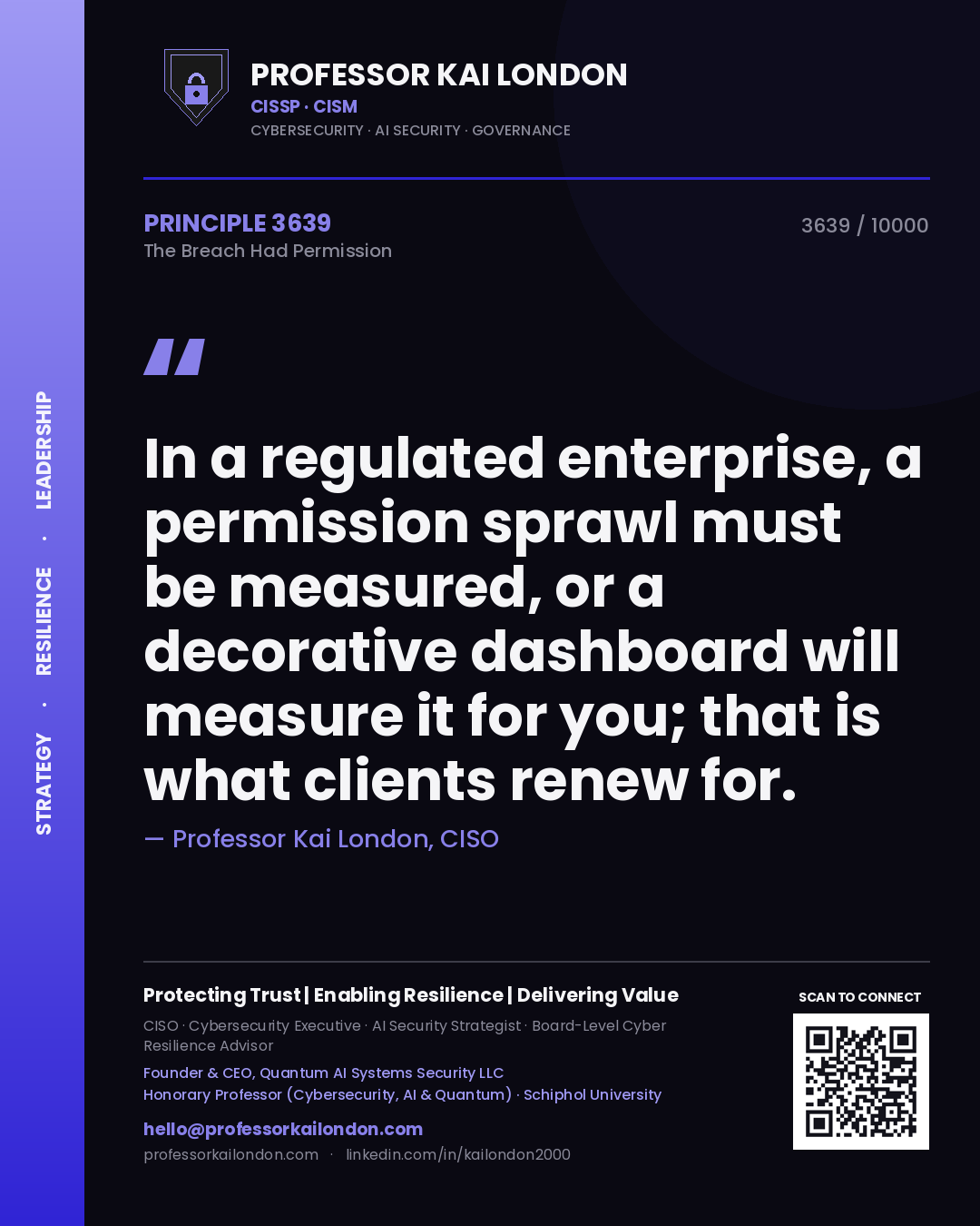 Professor Kai London principle 3639: In a regulated enterprise, a permission sprawl must be measured, or a decorative dashboard will measure it for you; that is what clients renew for.