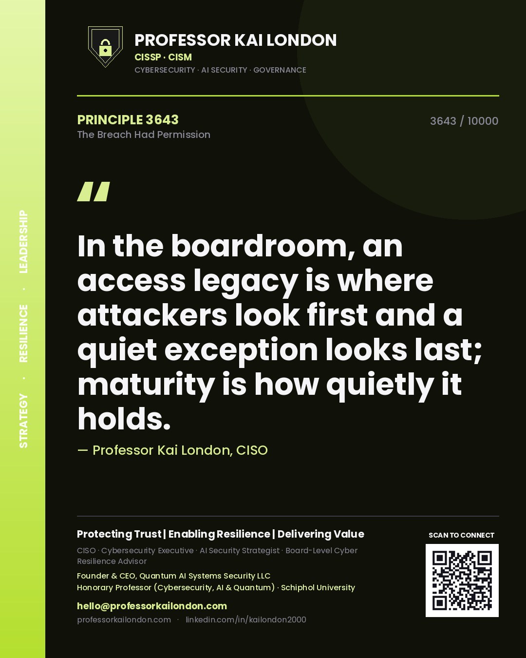 Quote card by Professor Kai London reading 'In the boardroom, an access legacy is where attackers look first and a quiet exception looks last; maturity is how quietly it holds.'. From the book The Breach Had Permission.
