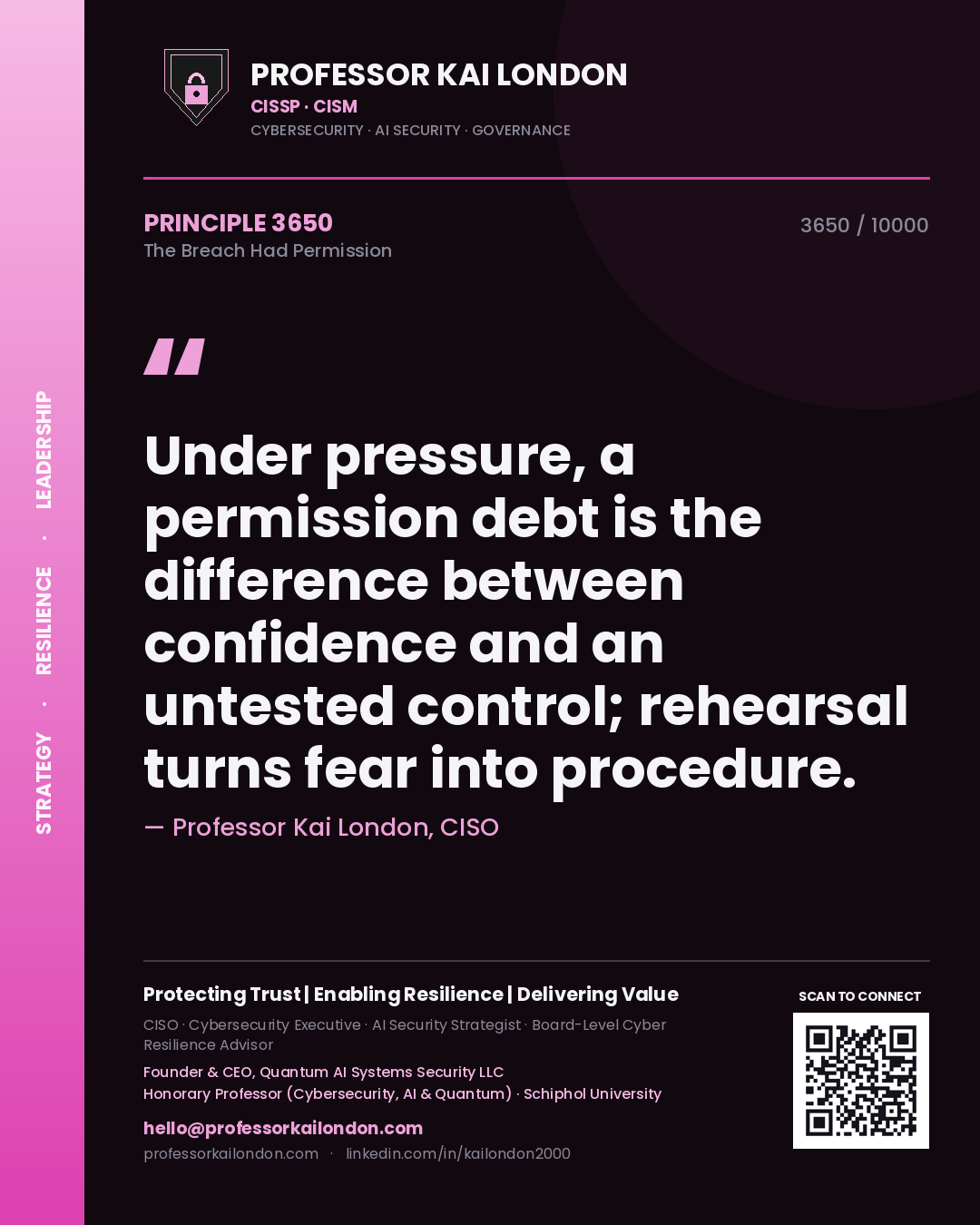 Professor Kai London principle 3650: Under pressure, a permission debt is the difference between confidence and an untested control; rehearsal turns fear into procedure.