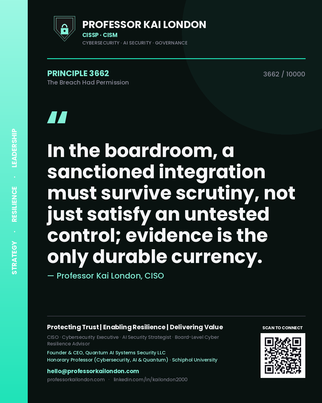Professor Kai London principle 3662: In the boardroom, a sanctioned integration must survive scrutiny, not just satisfy an untested control; evidence is the only durable currency.